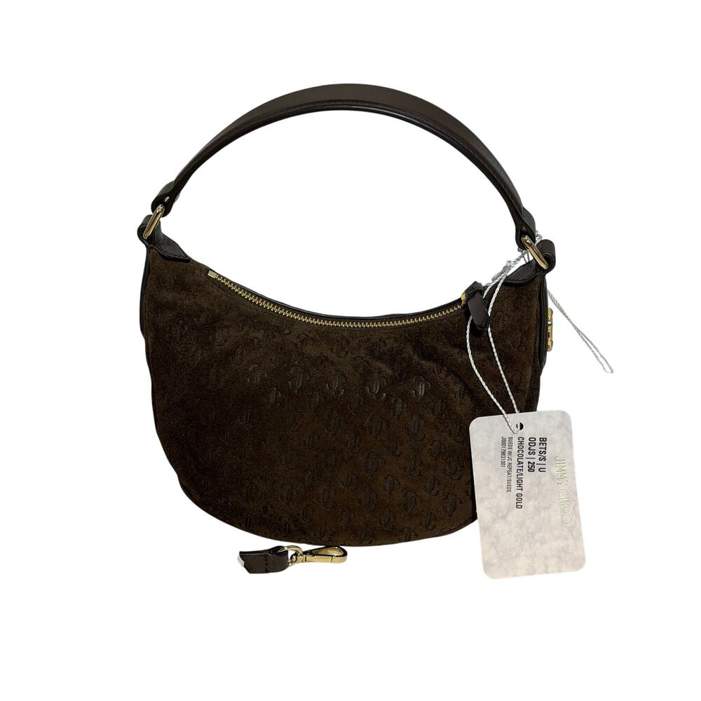 Jimmy Choo Bets L Chocolate/Light Gold Suede JC Repeat Pattern Hobo Bag NWT